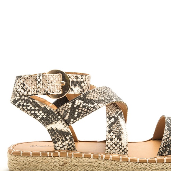 BEIGE BROWN SNAKE PU CROSS STRAP SANDAL - Picture 2 of 4